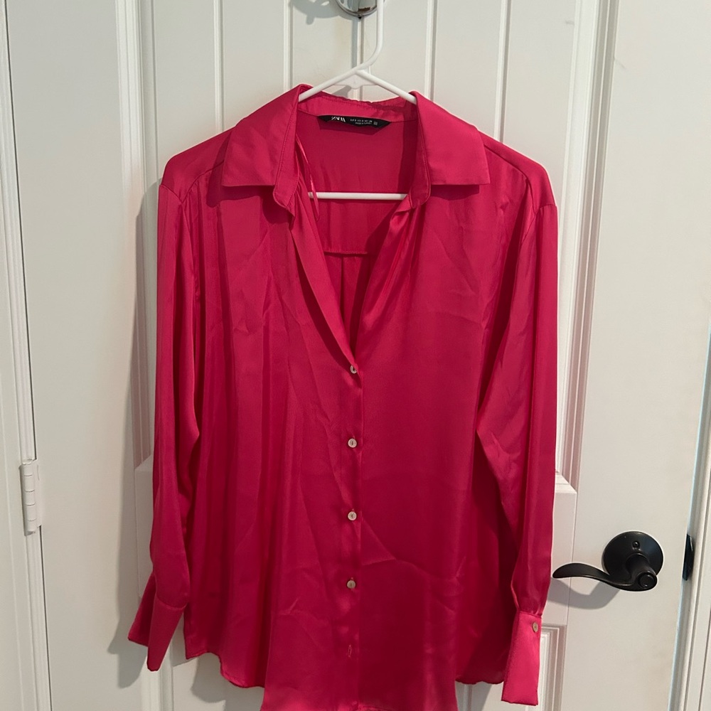 Zara Hot Pink Silk Button-Down Shirt Size S